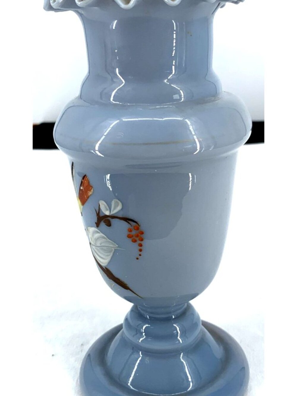 Antique Bristol Vase Victorian Blown Blue Glass Bird Floral Ruffle 7.5" - Picture 2 of 9
